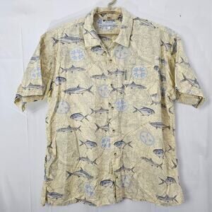 Vtg Columbia Button Up Hawaiian Shirt Mens Large Fish Print Pocket 100% Cotton